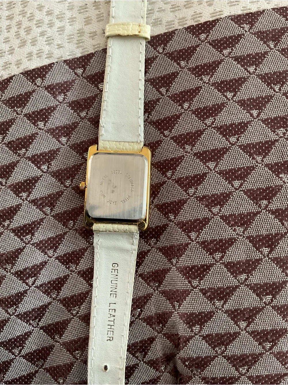 Vintage Rene Gold-Tone Square Watch with Abalone Dial and White Leather Strap
